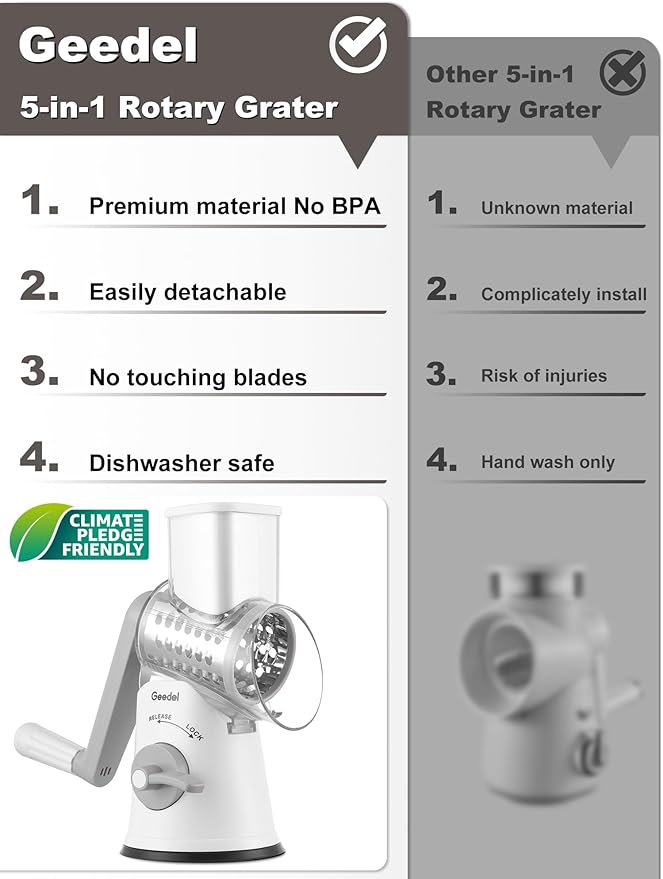 Geedel Rotary Cheese Grater Cheese Shredder - Upgraded 5-in-1 Cheese Grater with Handle and Strong Suction Base, Multi-purpose Vegetable Slicer Ice Shaver Nuts Grinder for Ice, Vegetables, Fruit, Nuts
