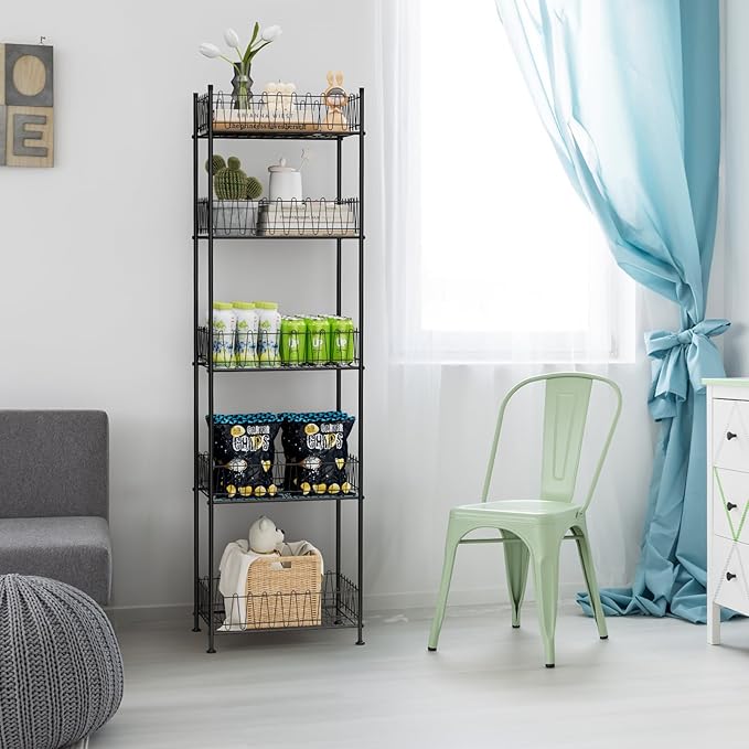 5 Tier Water Bottle Storage Rack Freestanding Metal Water Bottle Holder Shelf Organizer Drink Beverage Soda Can Organizer Storage Rack Bottled Water Stand for Floor Pantry Kitchen Food Storage, Black