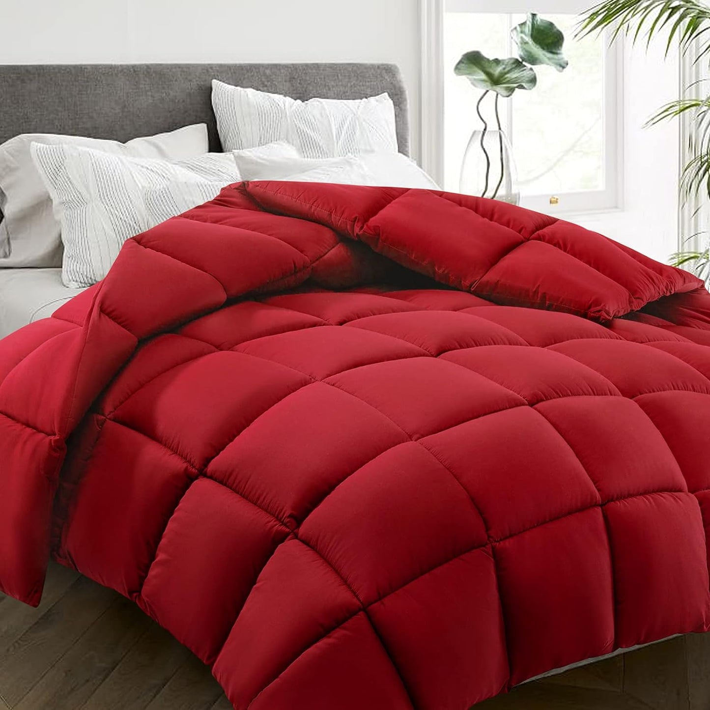 HYLEORY All Season California King Size Bed Comforter - Cooling Down Alternative Quilted Duvet Insert with Corner Tabs - Winter Warm - Machine Washable - Red