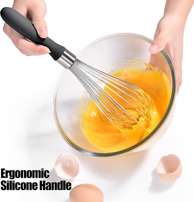 18/8 Stainless Steel Balloon Whisk, Doosu Kitchen Whisk for Cooking Handheld Egg Beater with Rust-Proof Sturdy Wires & Non-Slip Silicone Handle for Beating, Stirring, Blending (12 Wires, Black)