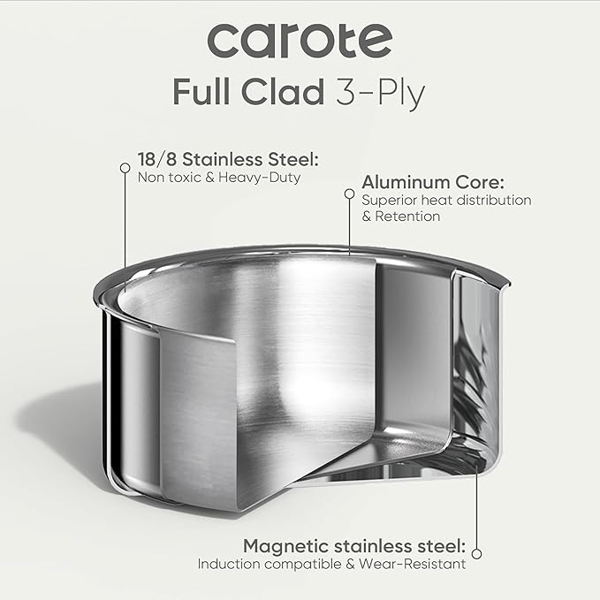 CAROTE 19pcs Stainless Steel Cookware Set with Detachable Handle, Pots and Pans Set, Induction Kitchen Cooking Sets, RV/Camping Cookware, Removable Handle, Oven Safe, Woodgrain