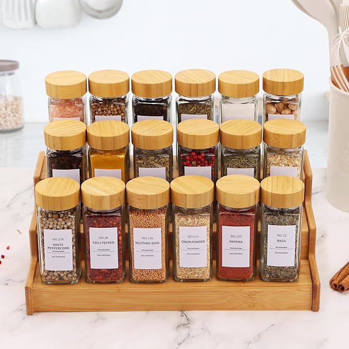 Spice Jars - 24 Pcs, Spice Jars with Labels, Glass Seasoning Jars with Bamboo Lids, Seasoning Containers,Empty Glass Spice Container Set , Seasoning Organizer, Kitchen Set, with Pepper Grinder