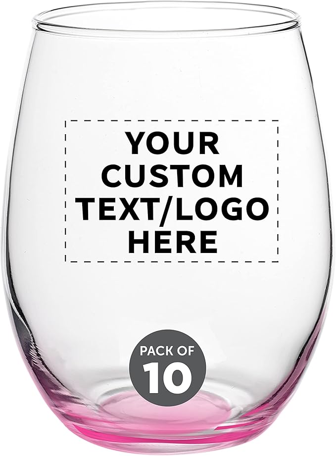 Custom Stemless Wine Glasses in Bulk by ARC Perfection, 15 oz, 10 pack, Personalized Text, Logo, Red or White Wine Glass Set, Pink