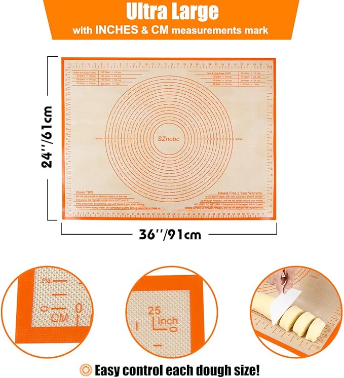 Silicone Pastry Mat 36'' By 24'' Extra Large Baking Mat with Measurements for Dough Rolling, Kneading Board, Kitchen Counter Mats, Perfect for Dough, Fondant, Pie Crust, Cookies, Bread, Pasta, Pizza
