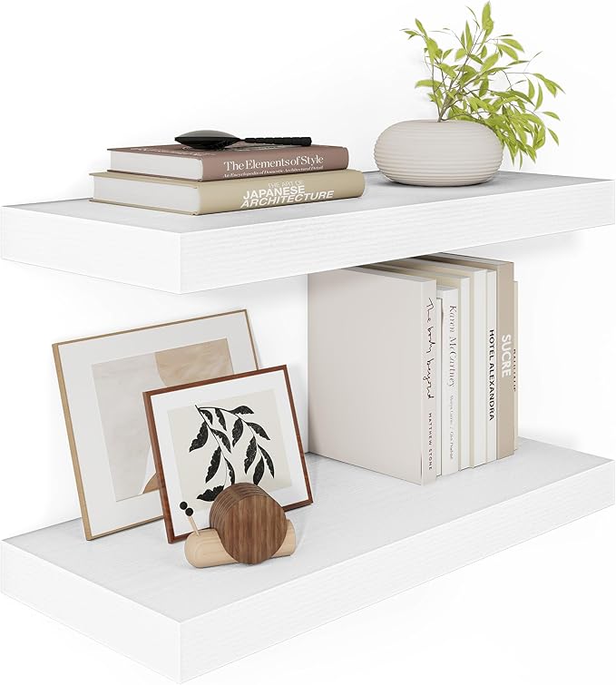 White Floating Shelves for Wall, 24 Inch X 12 Deep Shelves for Room Wall Mounted，2" Thick Heavy Duty Holds 55lbs Floating Shelf for Bedroom Bathroom Kitchen Laundry Room, Set of 2