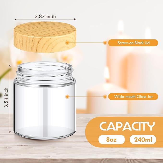 Norme 24 Pcs 8 oz Glass Jars with Lids Empty Small Glass Containers and Inner Liners Reusable Cosmetic Jars Round Airtight Bottles with Plastic Woodgrain Lids for Travel