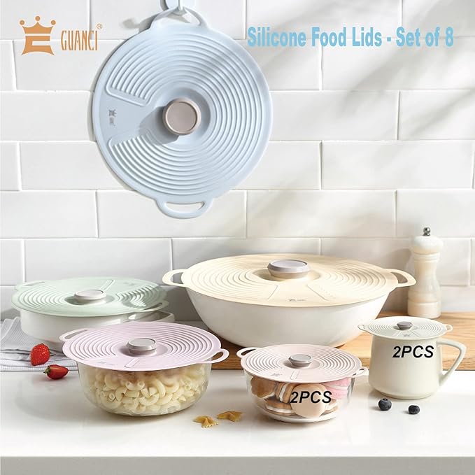 GUANCI Silicone Lids for Bowl 8 Pack, Microwave Splatter Cover with 6 Sizes Reusable Heat Resistant Lids Fits Cups, Bowls, Plates, Pots, Pans, Skillets, Stove Top, Oven, Fridge Dishwasher Safe