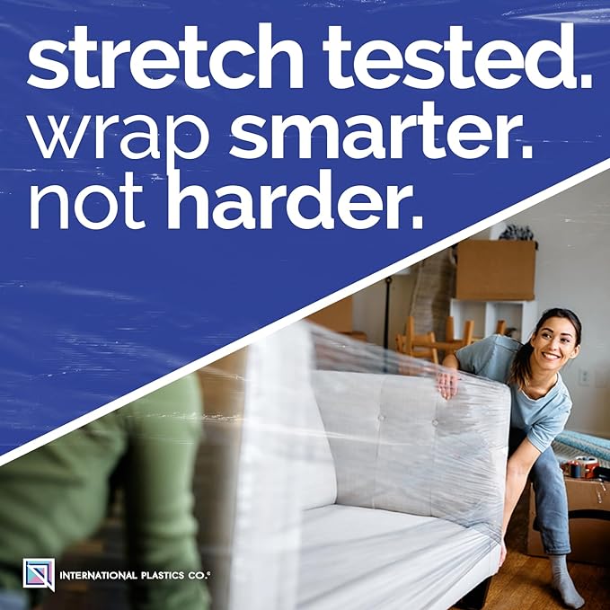 International Plastics Co. 15" Plastic Stretch Film Wrap with Tension Handles 1200ft Each 500% Stretch Clear Cling Durable Adhering Packing Moving Packaging Heavy Duty Shrink