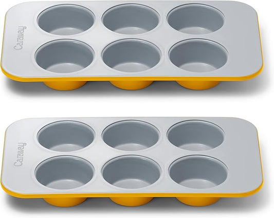 Caraway Nonstick Ceramic 6 Cup Muffin Pan Duo – Non-Toxic, PTFE & PFOA Free – Oven Safe – Aluminized Steel Core – Small Muffin Pan for Baking Cupcakes, Muffins & More - Marigold