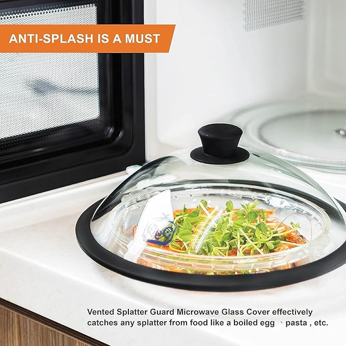 OEC Vented Splatter Guard Microwave Glass Cover with Easy-Grip Handle - 100% Food Grade Tempered Glass & BPA Free Silicone Rim. Compatible with Plates, Dishwasher Safe - 12.5” Diameter – Black