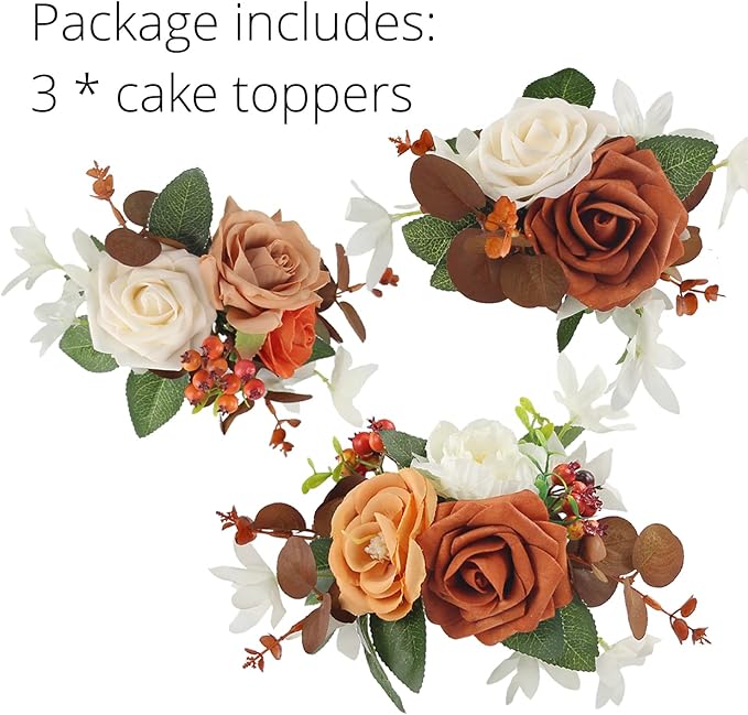 Rinlong 3Pcs Cake Topper Set Artificial Flowers for Cake Decor Burnt Orange Fall Wedding Cake Decorating Flowers for Baby Shower Birthday Party