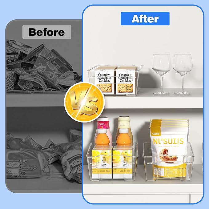 4 Pack Clear Refrigerator Storage Bins, Stackable Plastic Fridge Organizer Kitchen Pantry Storage Bins with Handles for Snacks, Freezer, Kitchen Cupboard, and Cabinet Organization