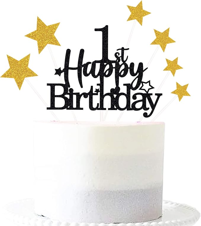Glittery 1st Happy Birthday Cake Topper with Star,Personalised 1 Birthday Cake Toppers Party Decorations Party Supplies for Baby Boys Girls Black Gold