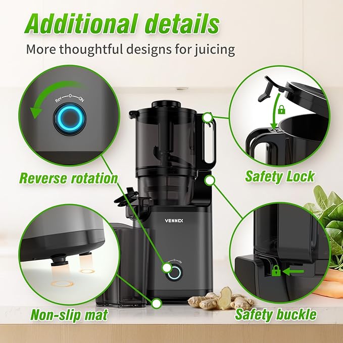 Cold Press Juicer, 5.7" Extra Large Feed Chute, Juice Extractor Machine with Dual Auger, Slow Masticating Juicer for Whole Vegetables and Fruits, High Juice Yield, Easy to Clean, BPA Free