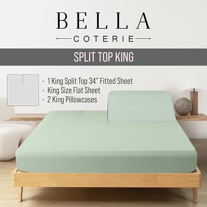 Bella Coterie Luxury Bamboo Viscose Split Top King Size Sheet Set | 100% Organically Grown | Ultra Soft | 34" Split | Cooling for Hot Sleepers | 18" Deep Pocket [Sea Glass]