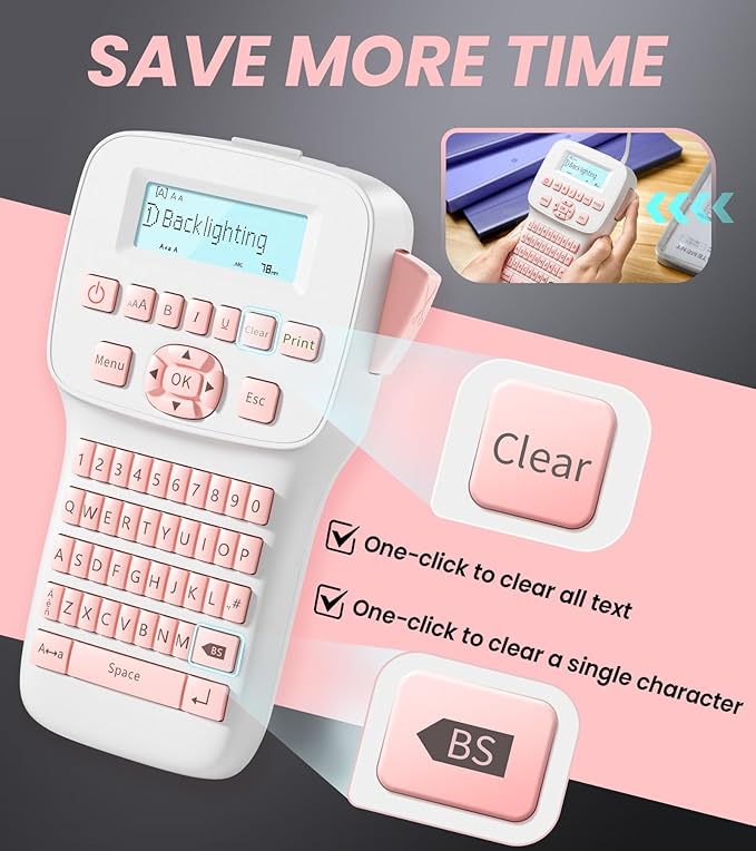 Pink Label Maker, Rechargeable Label Makers with Keyboard, Handheld Label Maker Machine with Bluetooth Backlit Large Display LM1600, Portable Labeler for Home & Office Organization School Kids