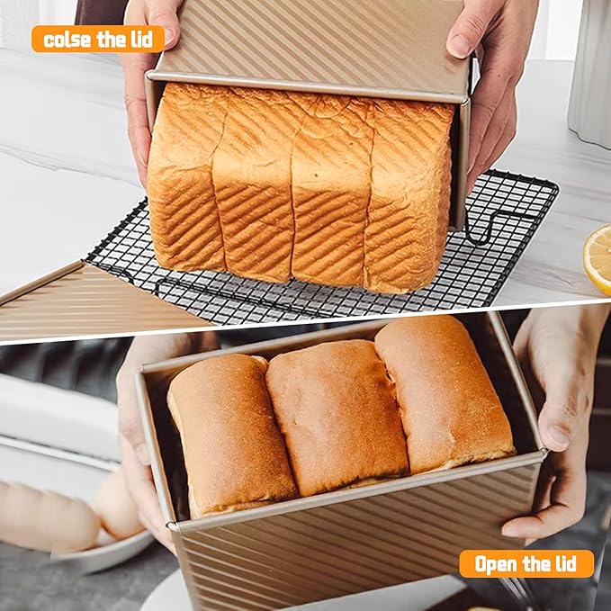 2 Pack Pullman Loaf Pan with Lid, 1 lb/0.5 lb Dough Capacity, Carbon Steel Corrugated, Non-Stick Sandwich Bread Loaf Pan with Lid