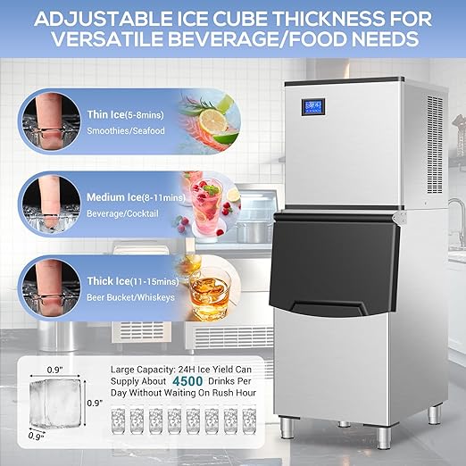 Commercial Ice Maker Machine 150Lbs/24H with 2 Water Inlet Modes, 36Pcs Ice Cubes in 8-15 Mins, Stainless Steel Under Counter/Freestanding Ice Machine with 25Lbs Storage Bin for Home/Shop/Office/Bar