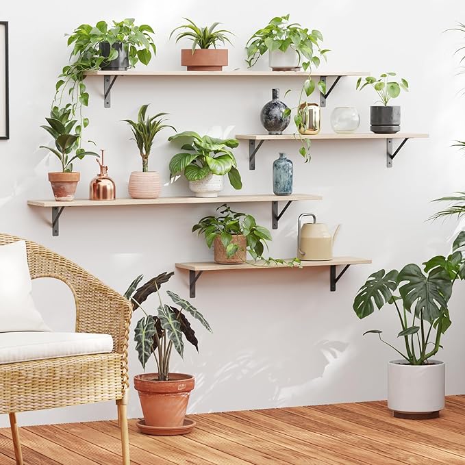 DINZI LVJ Long Wall Shelves, 55.1Inch Wall Mounted Shelves Set of 2, Extra Large Storage Ledges with Sturdy Metal Brackets for Living Room, Bathroom, Bedroom, Kitchen, Natural