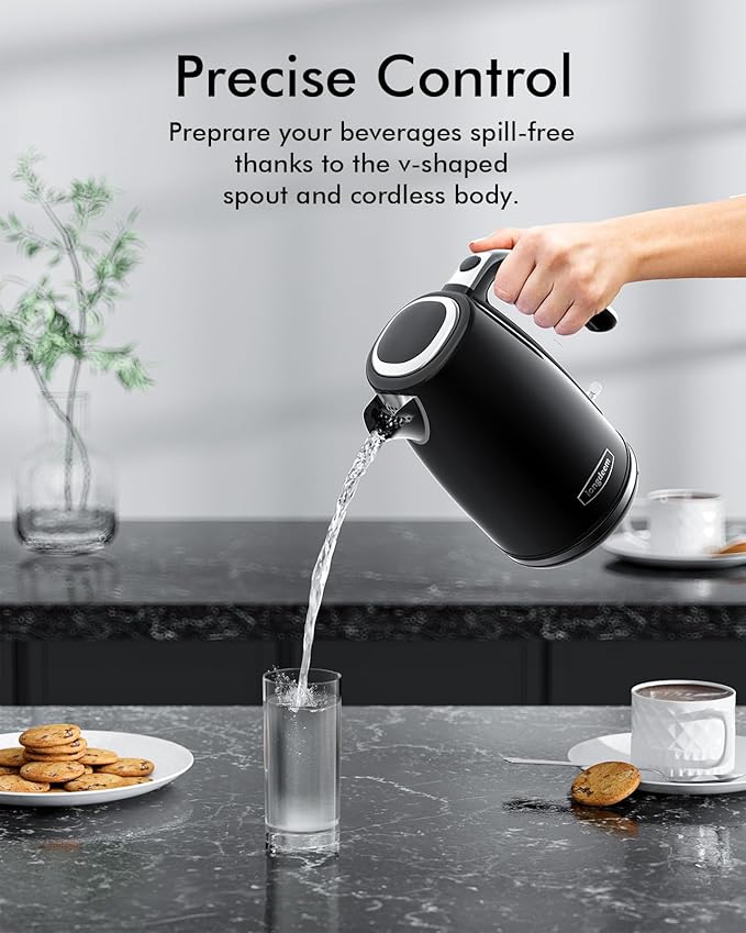 Electric Kettles 1500W for Boiling Water, Longdeem Retro 1.7L Stainless Steel Hot Water Boiler with Automatic Shut Off & Boil Dry Protection, Black