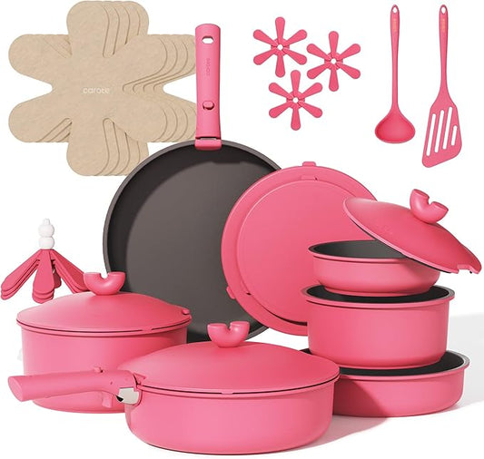 CAROTE 24pcs Pots and Pans Set Non Stick, Nonstick Cookware Set, Oven/Dishwasher/Fridge Safe Pots and Pans, RV Safe Cookware, Induction Kitchen Gift Set Detachable Handle, Pink