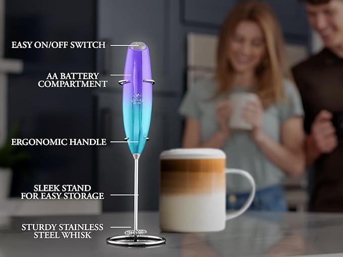 Zulay Executive Series Ultra Premium Gift Milk Frother - Coffee Frother Handheld Foam Maker For Lattes - Electric Milk Frother Handheld For Coffee - Purple Teal Fade w Silver OG Stand