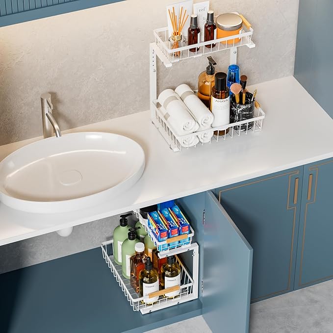 2 Pack Under Sink Organizers and Storage, Height Adjustable Under Sink Storage, Under Cabinet Organizer, Metal 2 Tier Pull out Cabinet Organizer, Bathroom Organizers and Storage, White