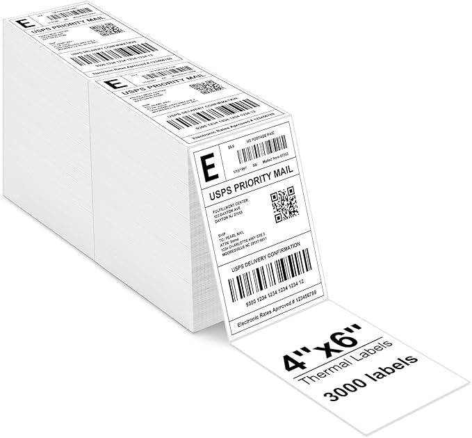 4x6 Direct Thermal Labels | 3000/Stack, BPA-Free & Waterproof | Compatible with Thermal Printers