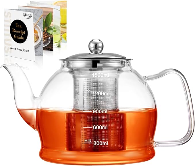 STNTUS Glass Teapot, 52 oz / 1500 ml for Loose Tea, Teapot with Infusers for Loose Tea, Stainless Steel Strainer, Tea Pot for Stove,