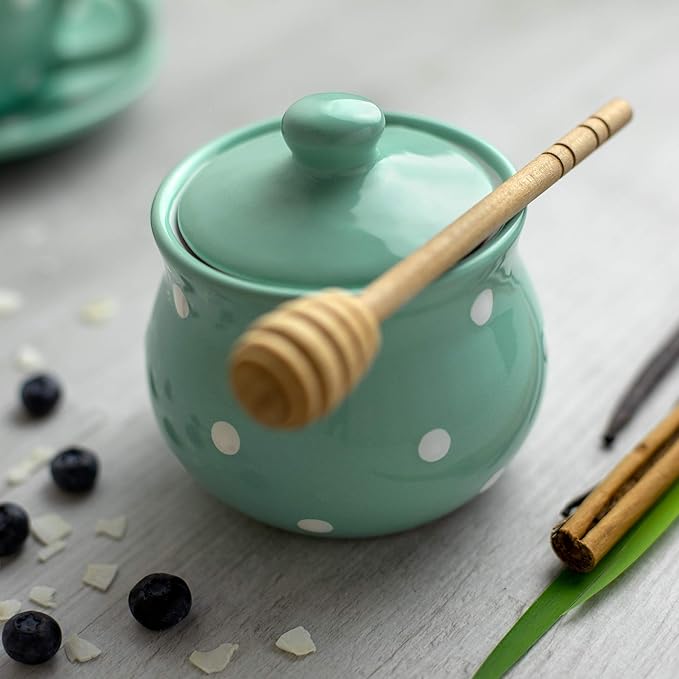 City to Cottage Ceramic Sugar Bowl with Lid, 10oz Sugar Contanier for Coffee Bar, Sugar Dispenser Bowl, Salt - Condiment Pot for Kitchen Counter, Handcrafted turquoise Blue Polka Dot Sugar Jar