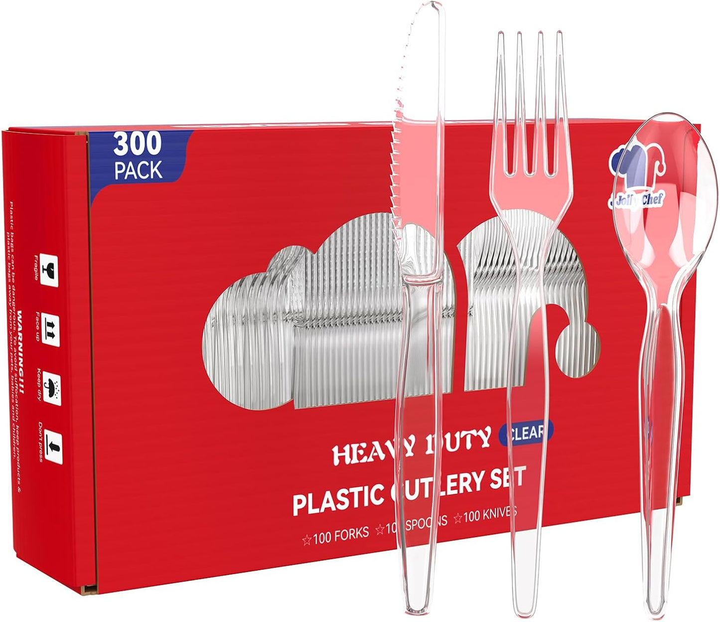 JOLLY CHEF 300 Count Clear Plastic Silverware, 150 Forks, 150 Spoons, 100 Knives, Heavy Duty BPA Free Disposable Plastic Cutlery Set, Plasticware Bulk, Premium Clear Utensils for Party Supplies