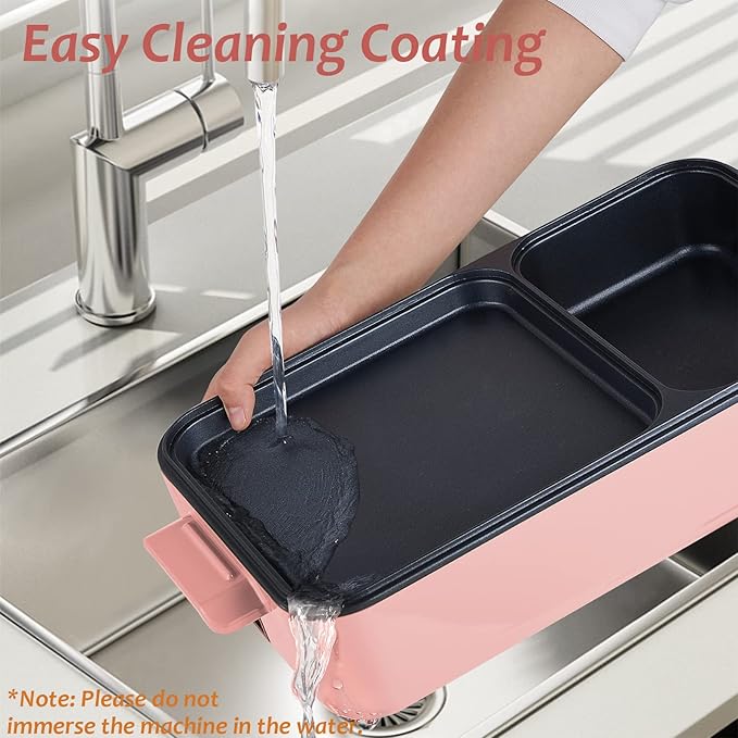 Topwit Hot Pot Electric with Grill, 2 in 1 Indoor Non-stick for Steaks, Shabu Shabu, Noodles, Simmer and Fry, Korean BBQ Grill, Independent Dual Temperature Control, Pink