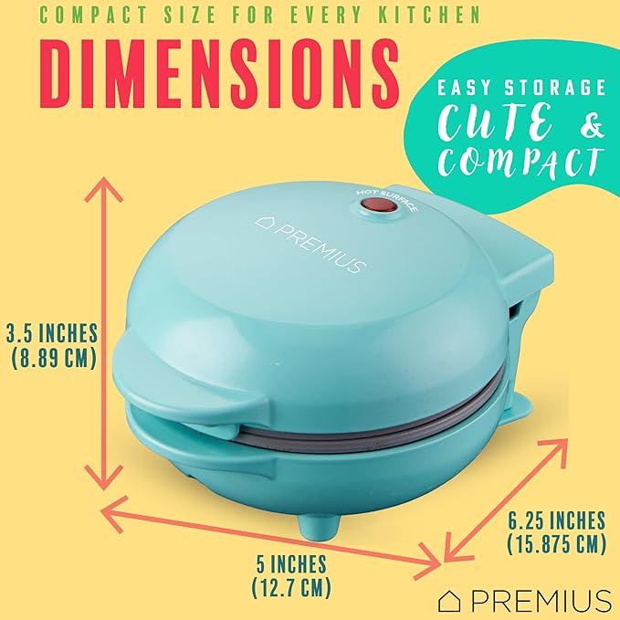 Ceramic Nonstick Mini Snack Waffle Maker, 4” Mold, Quick Heat for Crispy Waffles, French Toast, Tuna Melt, Egg & Grilled Cheese, Sandwiches for Kids & Family, Just Add Batter (Turquoise)