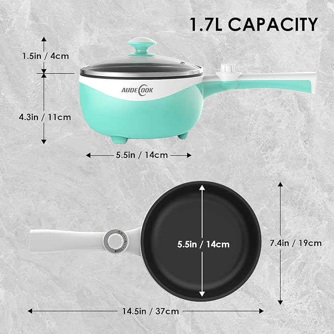 Audecook Hot Pot Electric, 1.7L Mini Electric Skillet Portable Nonstick Sauté Pan with Power Adjustment,Ramen Cooker Travel Multicooker for Steak/Soup/Egg/Oatmeal/Noodles