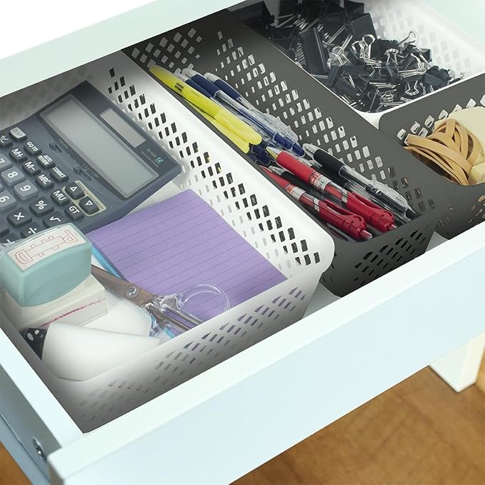 Glad Plastic Storage Basket Set - Multipurpose Drawer Trays, Kitchen Pantry Containers, and Bathroom Bins - 6 Pack Narrow Organizers, White