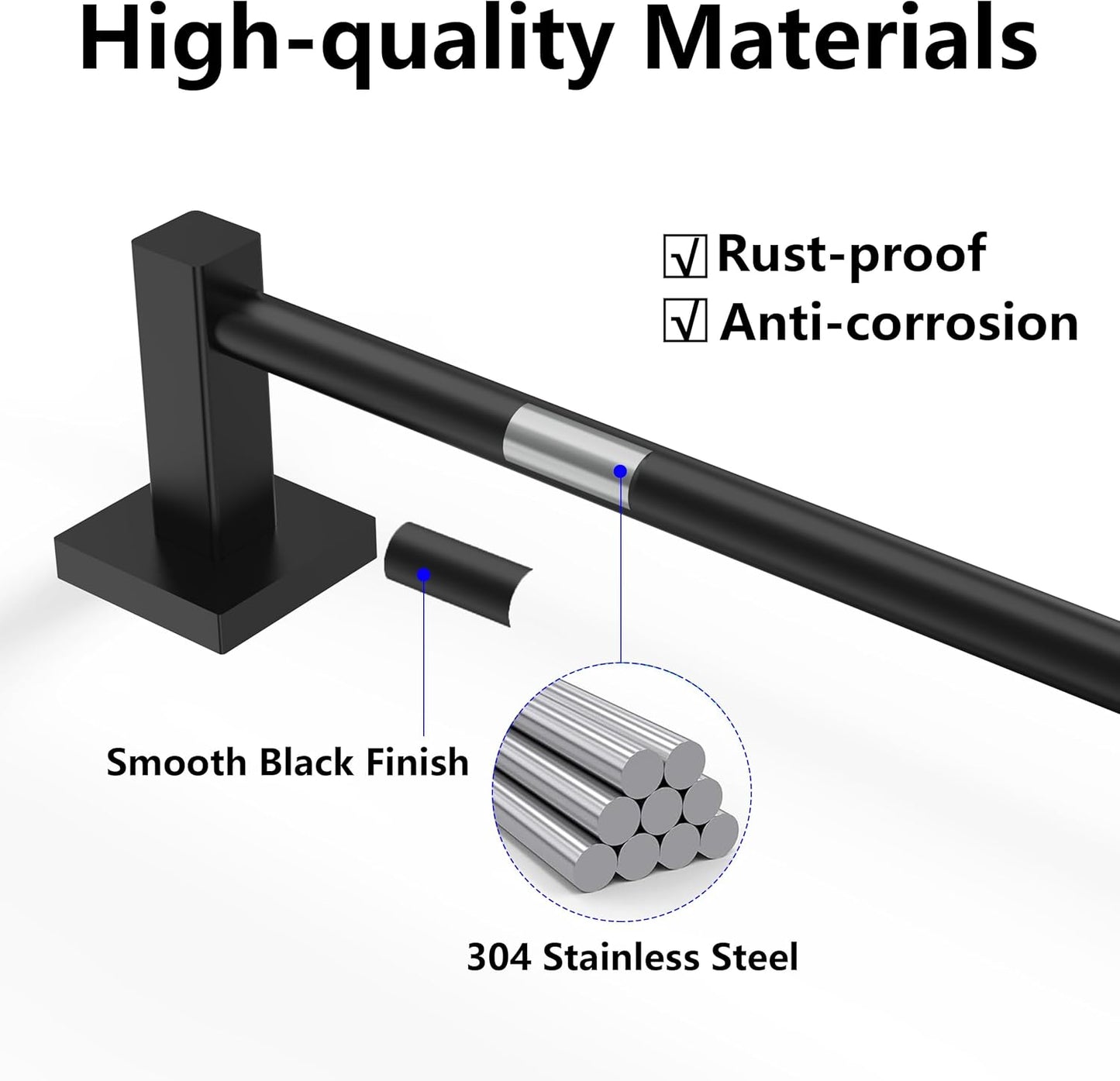 Adjustable Towel Bar, 14.4inch - 25.2inch Towel Rack, Wall Mounted for Bathroom, Kitchen Hand Towel Holder Cloths Hanger SUS 304 Stainless Steel Organizer Single Bar (Matte Black)