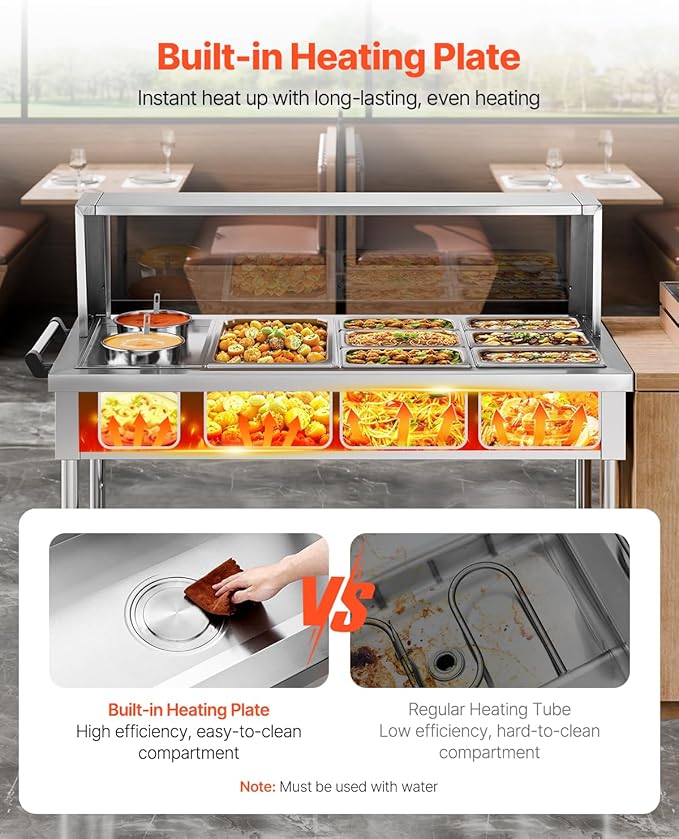 VEVOR Commercial Food Warmer, 7 Pans + 2 Pots Electric Steam Table, 1800W Professional Buffet Catering Food Warmer with Shield Undershelf Wheels, Stainless Steel Server for Party Restaurant Hotel