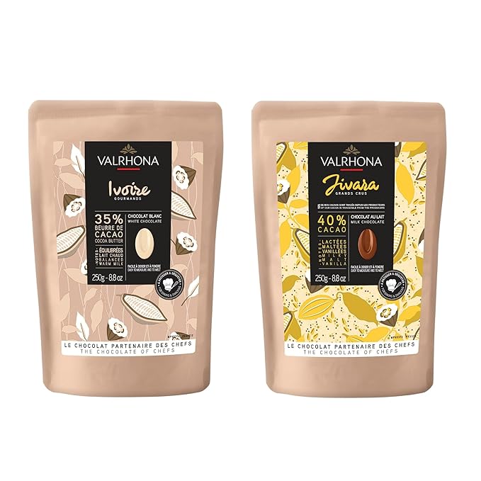 Valrhona Premium Baking Chocolate Discs (Feves), Creamy JIVARA 40% w/Hints of Vanilla and Malt, and Milk Chocolate IVOIRE 35% w/Hints of Vanilla & Warm Milk, For Cookies, Cakes, and more