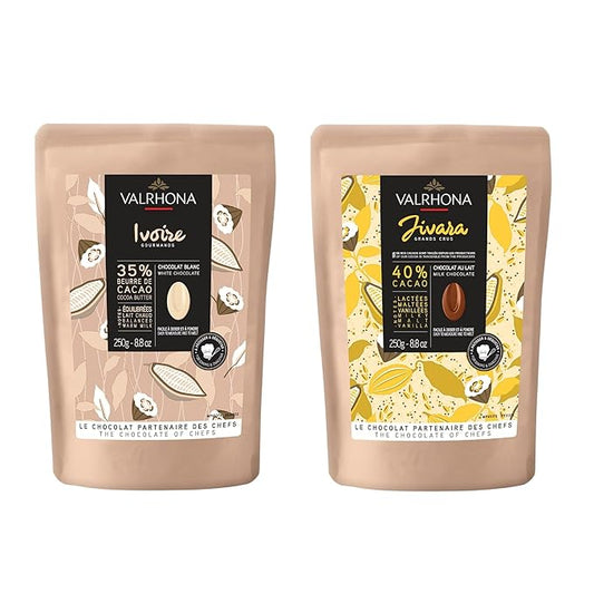 Valrhona Premium Baking Chocolate Discs (Feves), Creamy JIVARA 40% w/Hints of Vanilla and Malt, and Milk Chocolate IVOIRE 35% w/Hints of Vanilla & Warm Milk, For Cookies, Cakes, and more