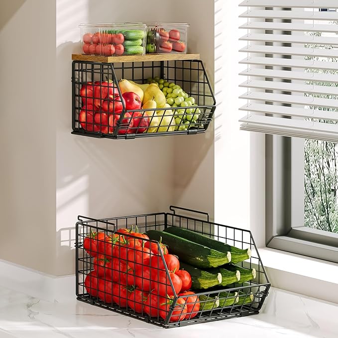 X-cosrack 2-Tier Stackable Wire Baskets for with Wood Lid, Wall Hanging Baskets for Potato and Onion Storage, Fruit Basket for Kitchen Counter, Metal Baskets for Snack Produce Cans