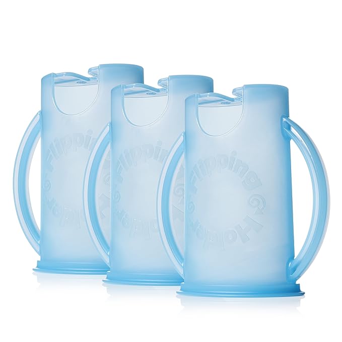 Squeeze Proof Food Pouch Holder for Toddlers, Babies, Kids, Mess Free No Squeeze Juice Box Drink Holder with Easy Grip Handles and Lid - Made in USA (Blue 3 Pack)