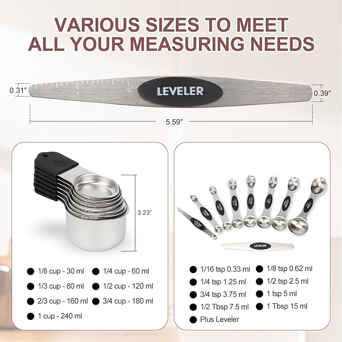 16-Piece Stainless Steel Measuring Cups and Spoons Set, Strong Magnetic Nesting Design 7 Cups 8 Spoons with Leveler, Double Measurement Markings for Dry & Liquid Ingredients, Black