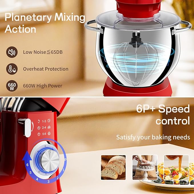 SEEDEEM Stand Mixer, 8.5 Qt 660W Tilt-Head Kitchen Mixer with 6+P Speeds, Dough Hook, Wire Whip & Beater, Dishwasher-Safe Attachments, Red – Ideal for Baking & Daily Use, Red