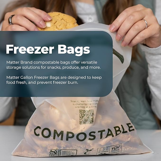 Matter Compostable Gallon Freezer Bags for Food Storage, Eco-Friendly, Resealable, Food Storage Bags, 30 Count