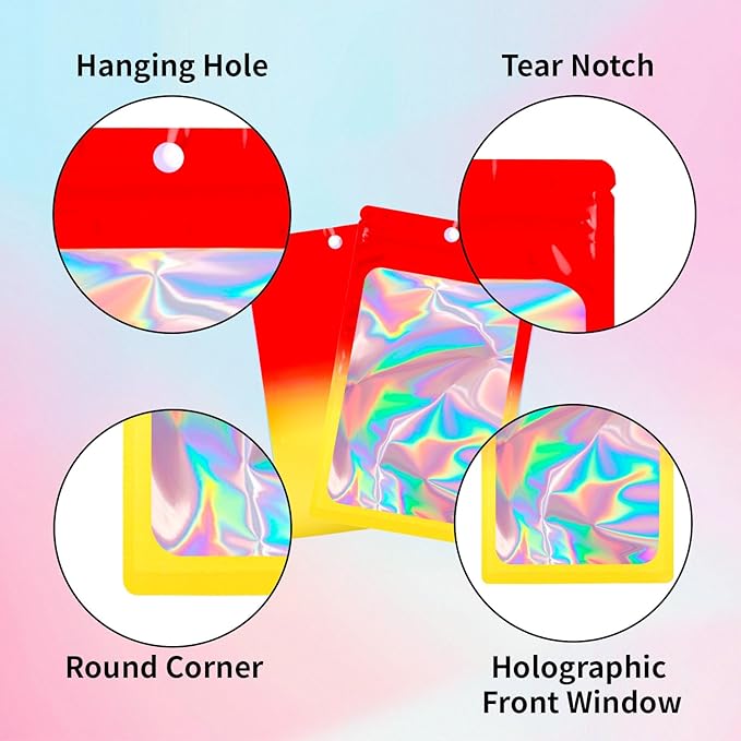 200 Pack Resealable Mylar Holographic Bags Food Storage Smell Proof Bags with Front Window Foil Packaging Pouch for Candy Sample Jewelry Small Business 3.15×5.51 Inch, Red Fade Yellow