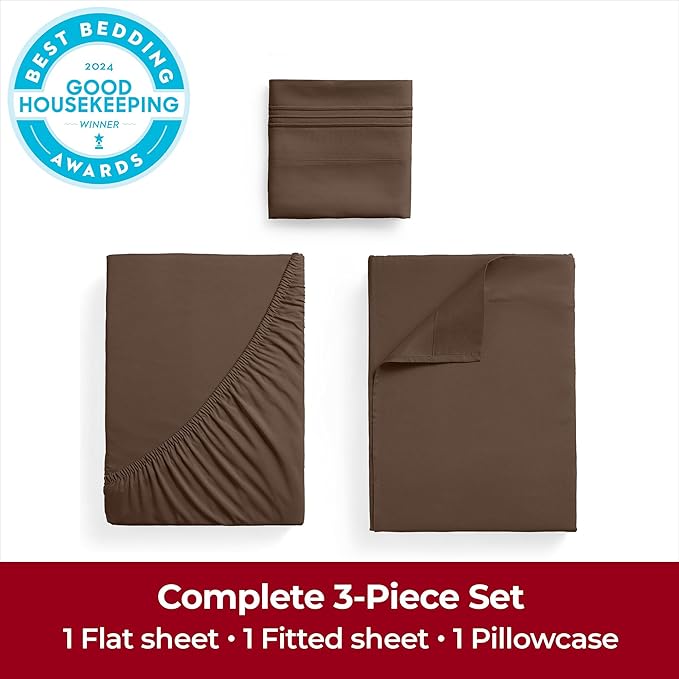 Mellanni Twin Sheets Set - 3 PC Iconic Collection Bedding - Hotel Luxury, Extra Soft, Cooling Bed Sheets - Wrinkle, Fade, Stain Resistant (Twin, Brown)