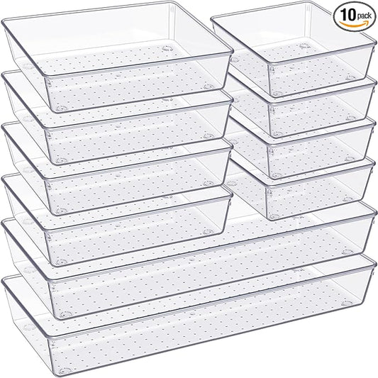 Criusia Drawer Organizer, 10 Pack Large Clear Plast Set, 3 Size Versatile Bathroom and Vanity Organizer Trays, Storage Bins for Makeup, Bedroom, Kitchen Utensils