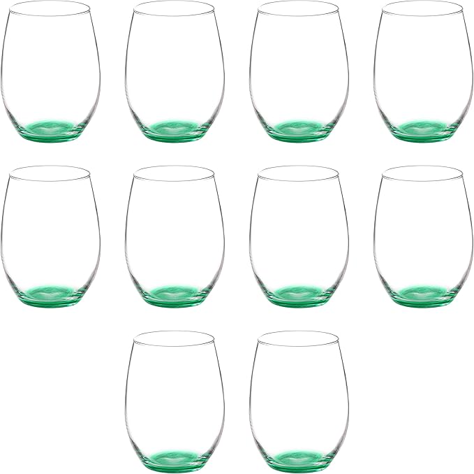 DISCOUNT PROMOS 10 ARC Stemless Wine Glasses Set, 21 oz. - Chardonnay, Cabernet, Merlot, Sauvignon - Green