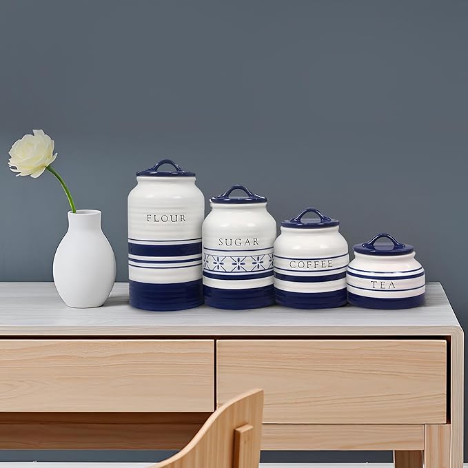 Young's Inc. 4 Pcs Set Cylindrical Ceramic Canisters- Storage Container for Kitchen and Bathroom - Beautiful Home Decor Accent to Store Food, Coffee, Tea, and More - White, Blue
