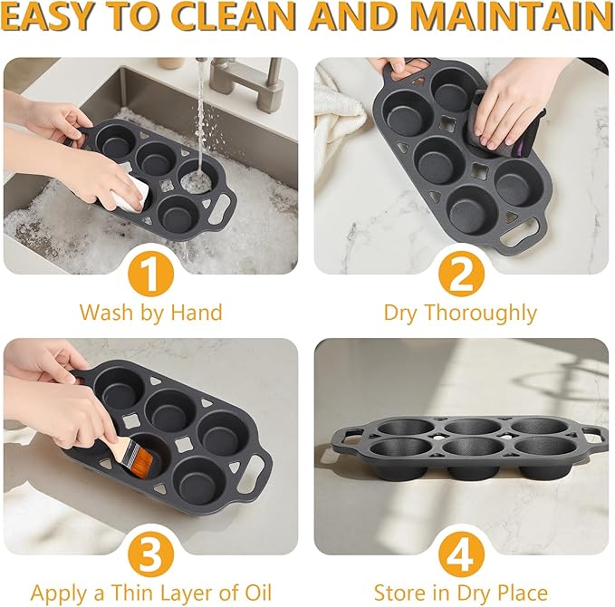 Pre-Seasoned Cast Iron Muffin Pan - 6-Cup Nonstick Cupcake Pan, 2 Piece Set